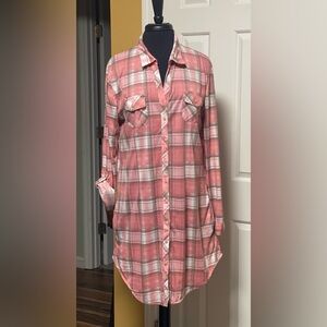 White Mark Plaid Shirt Dress in Peach and Brown